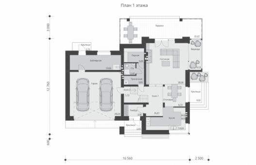 Проект одноэтажногго дома с мансардой, гаражом и террасой